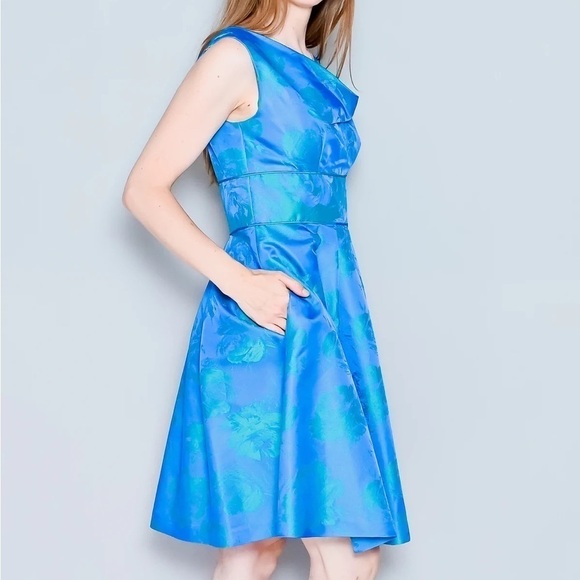 THEIA Floral Jacquard Sleeveless Pleated Dress in Blue Green Size 8 - Picture 5 of 14